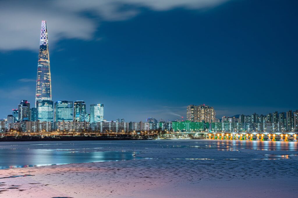 Waterfront City Lights Lotte Tower in Seoul Korea