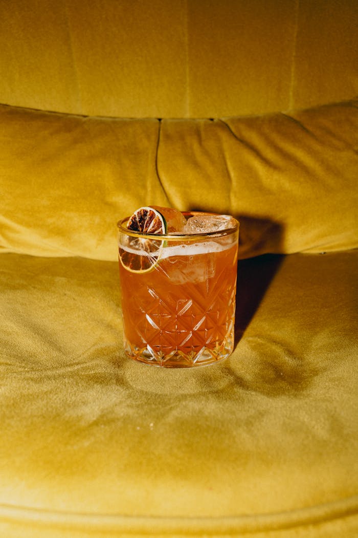 A vibrant citrus cocktail garnished with dried slice, perfect for a stylish night out.